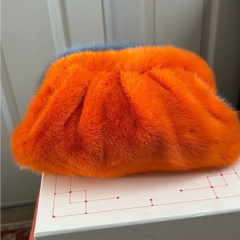 Eileen Kramer Australien brand Vibrant Orange- Blue real mink Fur Clutch